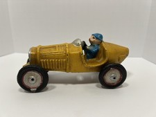 Vintage Cast Iron Race Car 6 Yellow Open Wheel Racer Driver Toy