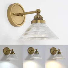 Vintage Battery Operated Wall Sconce with Clear Ribbed Glass Shade, Dimmable ...