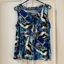 Kasper Womens Large Work Blouse Sleeveless Blue Abstract Collar Detail Suit 