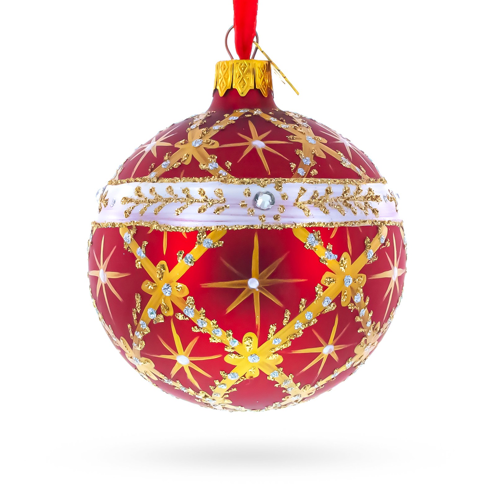 Diamond Trellis on Red Glass Ball Ornament 3.25 Inches