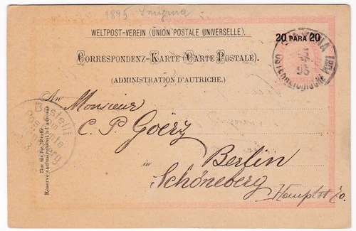 Smyrna, Österreichische Post,20 Para  20,Ganzsache,nach Berlin,1895  (259)