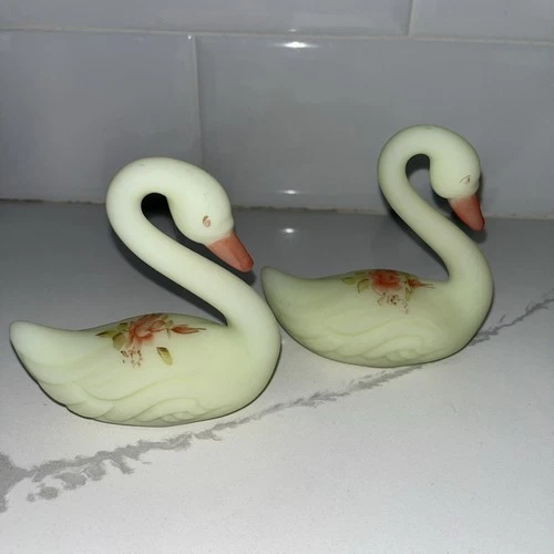 Lot of 2 Fenton, Swan, Custard Satin Glass, "Roses on Custard", Hand Decorated.