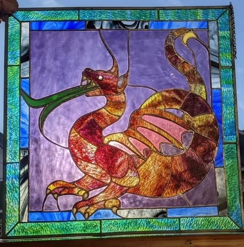 Large Stained Glass Dragon Window Framed Handmade Tiffany Style Museum Quality !