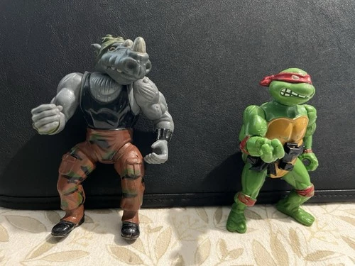 TMNT 1988 Lot: Raphael (Hard Head) and Rocksteady (Soft Head) Action Figures