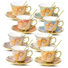 Tea Cups and Saucers Set of 8, 8 OZ Floral Tea Cup with Saucer, Vintage Tea 