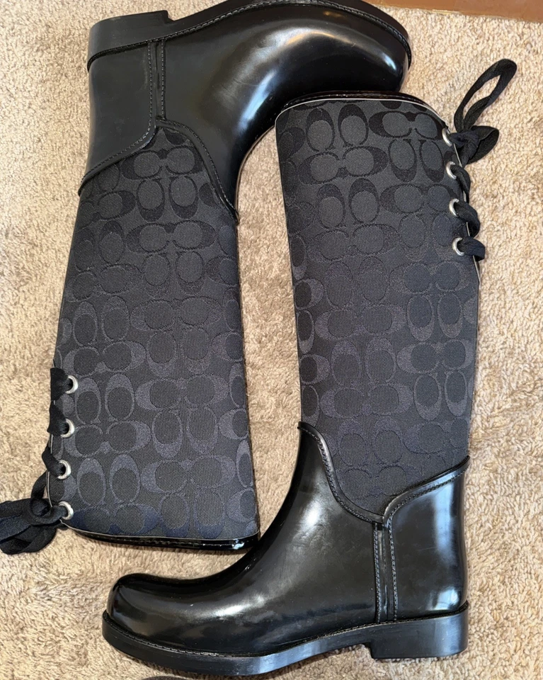 Botas de nieve COACH Signature Tristee 9M NEGRAS recubiertas de goma/lona con cordones NUEVAS Foto 4 de 4