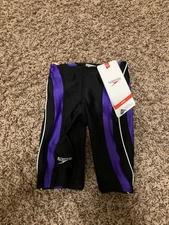 Speedo Racing Long Swim Shorts Size 22 US 3 Black Purple Trim NWOT Drawstring
