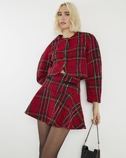 River Island Womens Jacket Red Tartan Boucle Long Sleeve Button Outerwear Top
