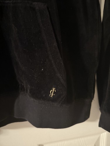juicy couture Black Velour Pullover Hoodie Gold Accents Medium Kangaroo Pocket - Picture 2 of 7