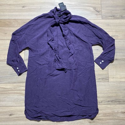 Club Monaco Women's Tie Neck Long Sleeve Dress Size 6 Purple Curved Hem
