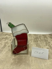 VINTAGE STAINED GLASS  CHRISTMAS STOCKING VOTIVE CANDLE HOLDER 6” Tall