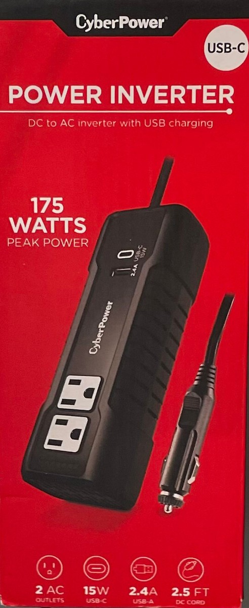 Cyber Power 175W POWER INVERTER | 12V DC to 120V x2 AC OUTLETS 15W  