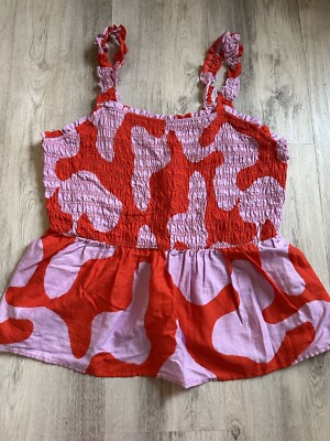 Ava & Viv Women 1X Purple Red Fluid Print Smocked Chest Peplum Hem Tank Top