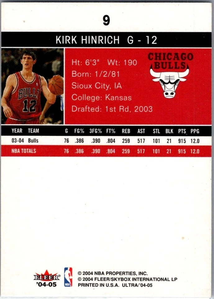 Fleer Ultra Kirk Hinrich Chicago Bulls #9 2004-05 Foto 2 de 2