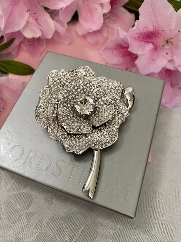 KATE SPADE PAVE ROSE SILVER BROOCH NEW LARGE VERY RARE