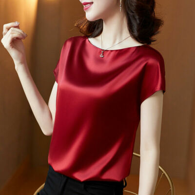 Women Silk Shirt Short-Sleeved T-shirt Mulberry Silk Loose Top Pullover Blouse