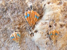 Hot Air Balloon 925 Sterling Raised Spiny Oyster & Opal Pendant & Earrings Set 