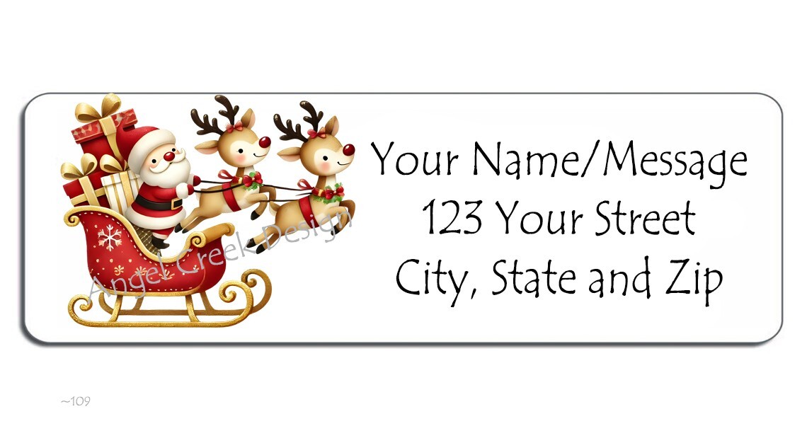 60 Personalized Return Address Labels 2/3" x 1 3/4"- Santa's Sleigh + Reindeer