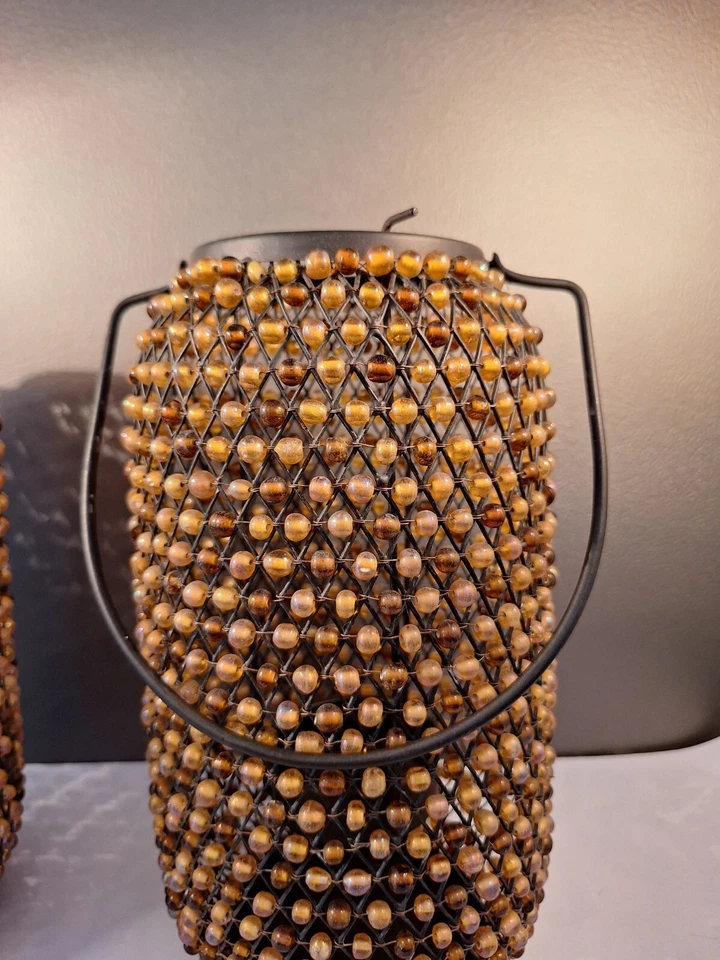 Metal Beaded Candle Lantern Pair Gold Bronze Beads 11" T 6" Handle Boho READ - Image 4 of 4