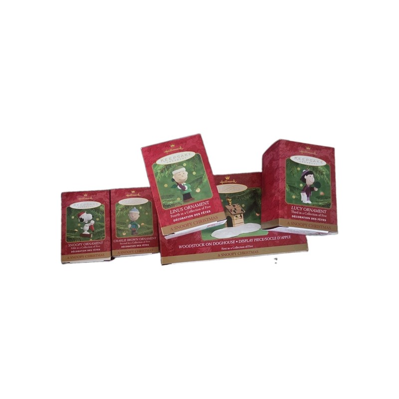 Hallmark Keepsake A Snoopy Christmas 6 Pc Ornament Lot Doghouse Display Peanuts