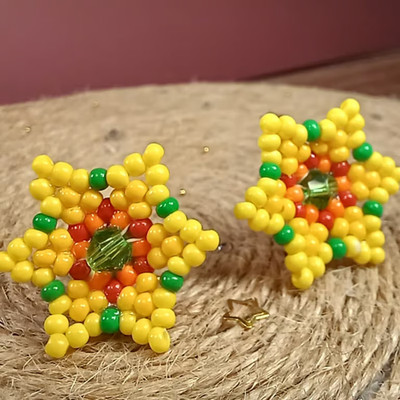 Handmade Huichol Style Seed Bead Star Earrings - Vibrant Floral Folk Art