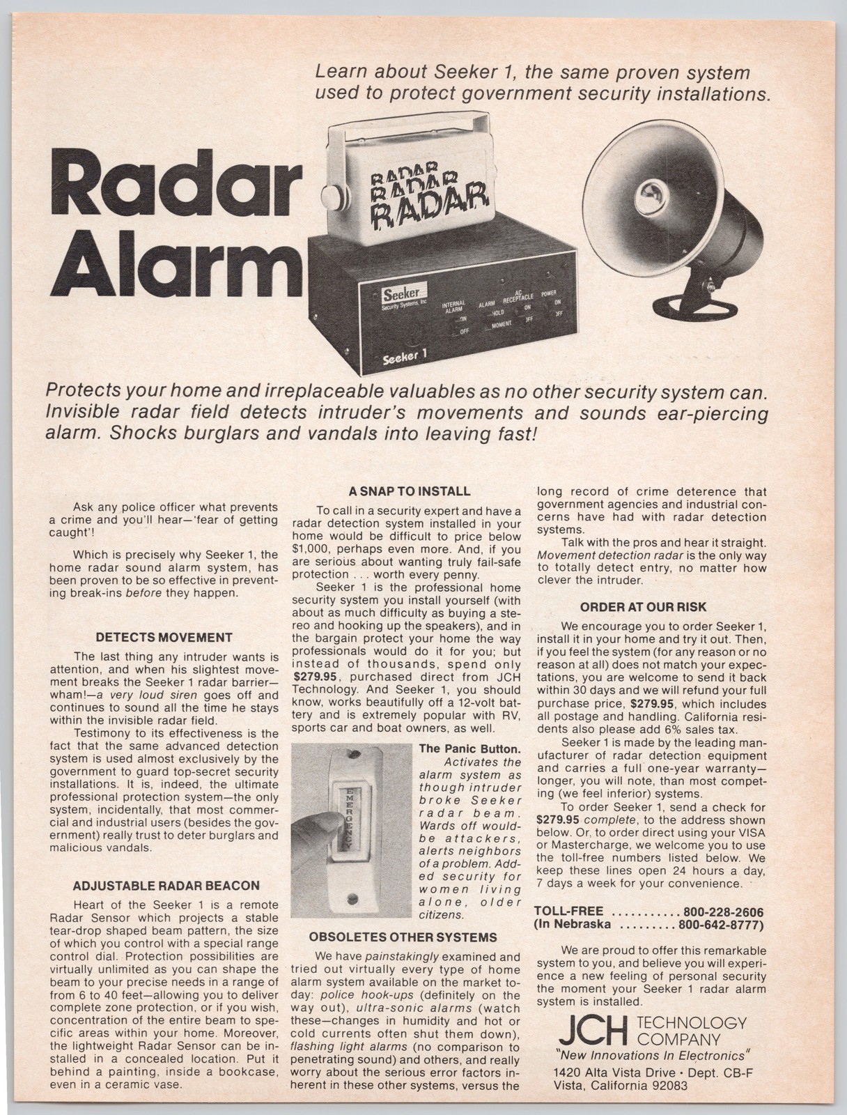 Seeker 1 Radar Alarm JCH Technology Anti Burglar 1980 Vintag
