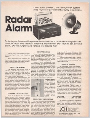 Seeker 1 Radar Alarm JCH Technology Anti Burglar 1980 Vintage Print Ad