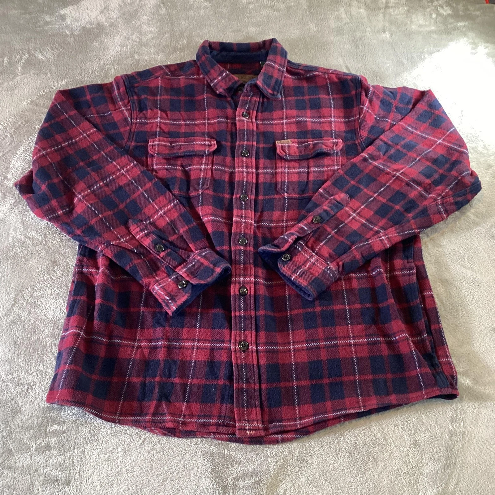 Orvis Shirt Mens Large Red Navy Plaid Flannel Button Front Long Sleeve Outdoors