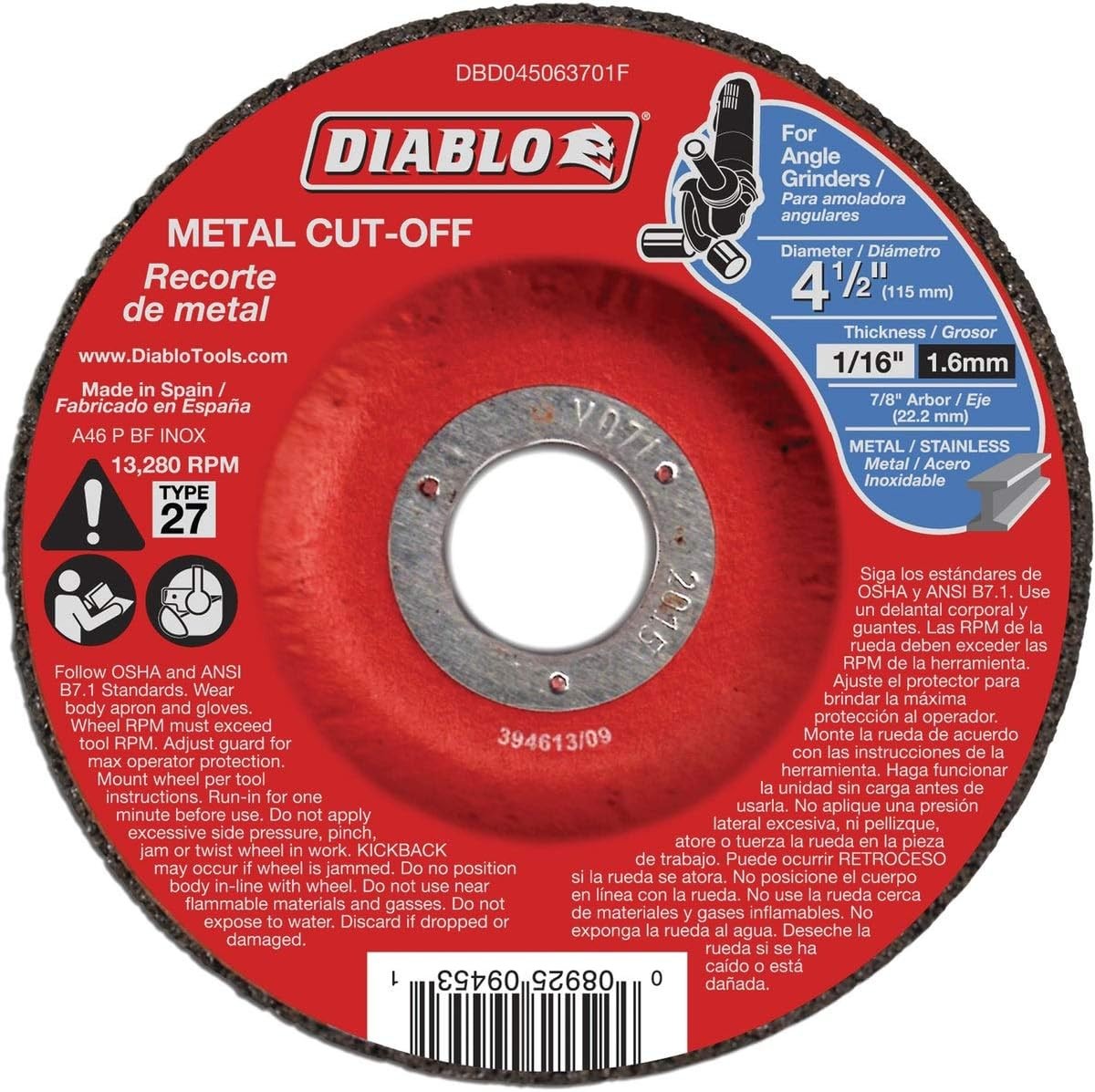Diablo DBD045063701F 4-1/2" Metal Cut Off Disc - Type 27