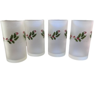 Set of 4 Cerve Frosted Holly Berry Christmas Holiday Highball Glasses