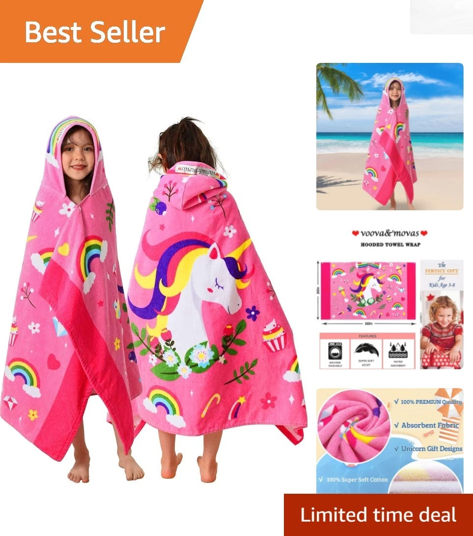 Charming Hooded Bath Towel for Kids - 100% Cotton Unicorn Design, 3-8