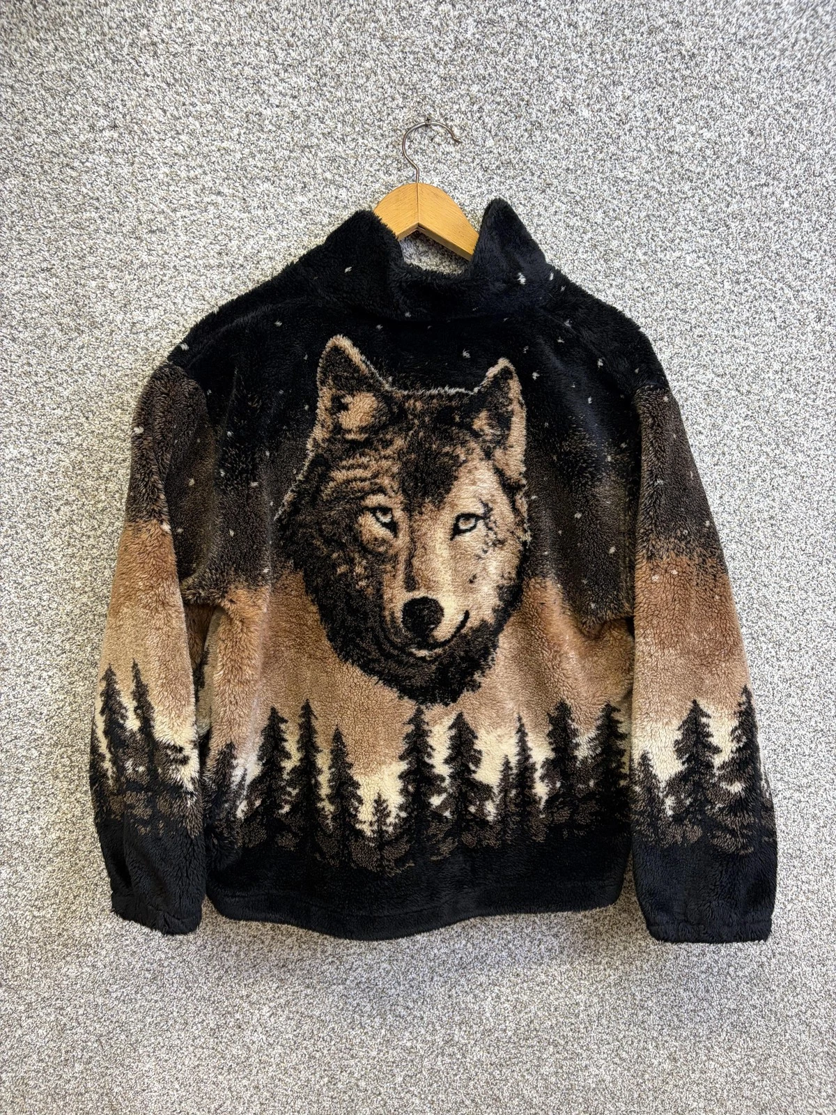 Vintage Black Mountain Jacket Mens Large Brown Fleece Wolf Forest Bomber USA 90s