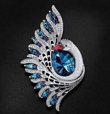 6 Ct Pear Simulated Sapphire & Diamond Peacock brooch pin 14k White gold plated