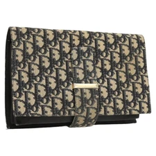 Christian Dior Trotter Canvas Clutch Bag Navy Gold Auth 118646
