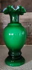 Antique FENTON Emerald Green Ivy Overlay 11 inch Vase with Ruffled Top
