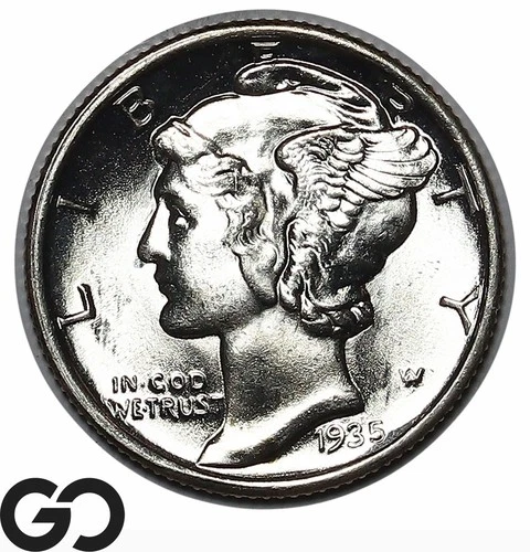 1935 Mercury Dime, Full Split Bands, Flashy Solid Gem BU++ FSB