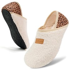 Slipper for Women Men Slipper Socks Fuzzy 4.5-5.5 Women/4-5 Men Beige Leopard