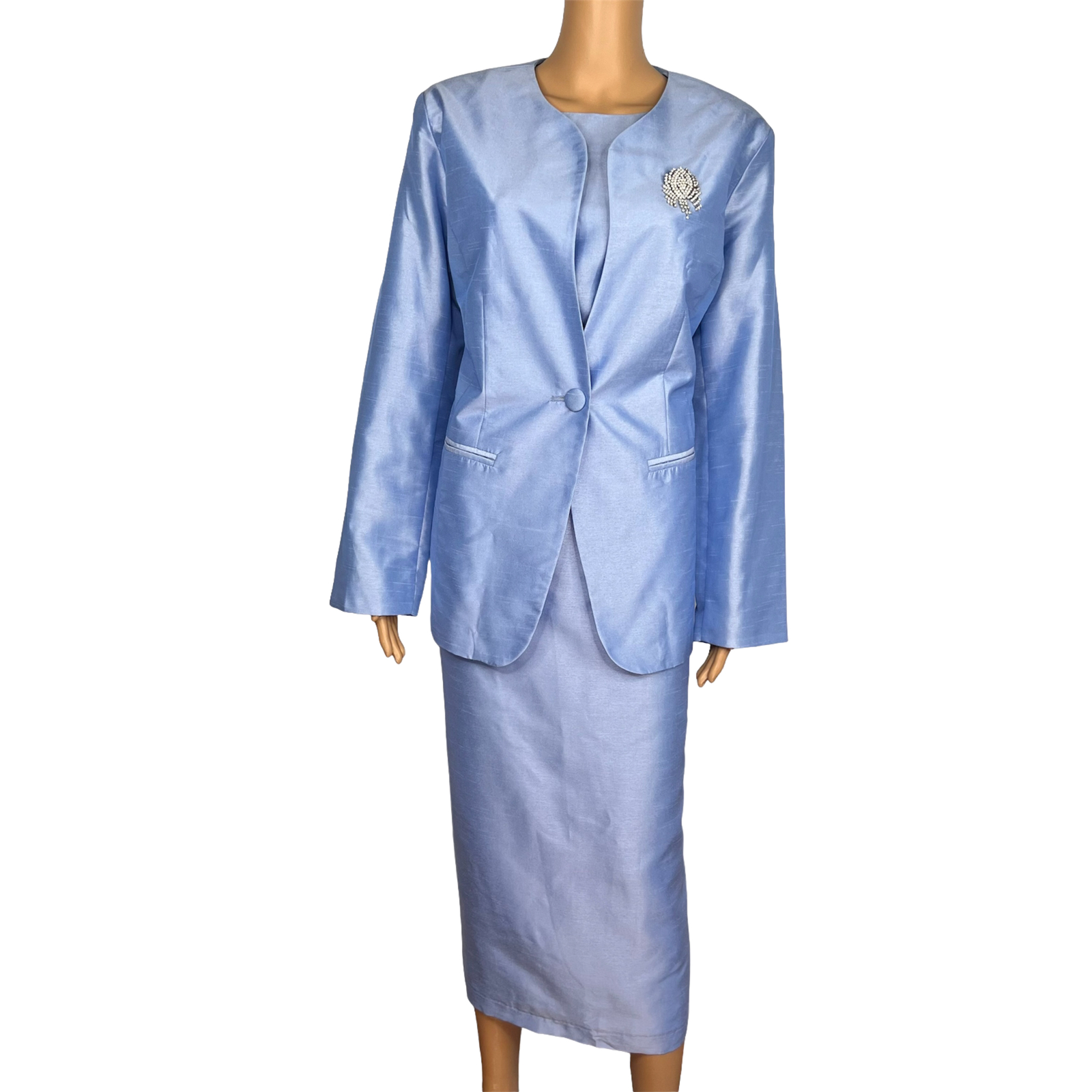 TALLY TAYLOR 3PC Slate Blue Polyester Collarless Cocktail Skirt Suit Top Size 14