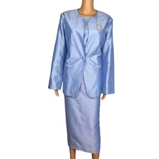 TALLY TAYLOR 3PC Slate Blue Polyester Collarless Cocktail Skirt Suit Top Size 14