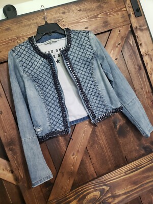 New Silvian Heach Cropped Denim Metallic Chain Distress Jacket Size XS MSRP 147