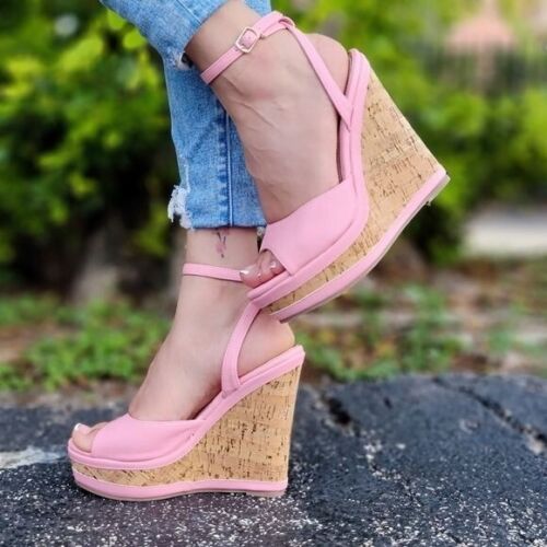 Women Platform Wedge Sandals Ankle Strap Pink Color (size 7)