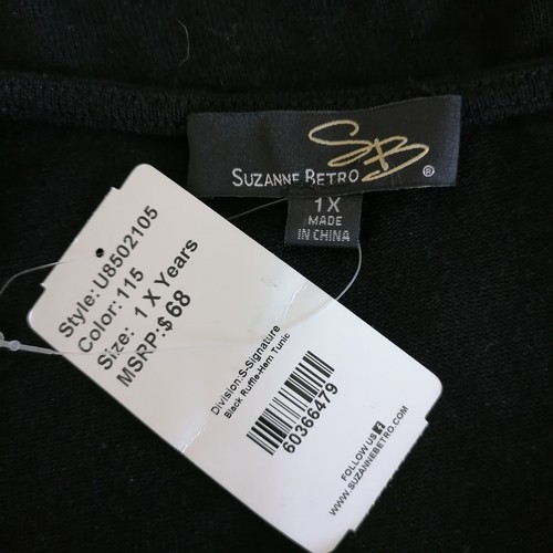 NWT Suzanne Betro Womens Black Round Neck 3/4 Sleeve Ruffle Hem Tunic Top Sz 1X - 第 5/6 張圖片