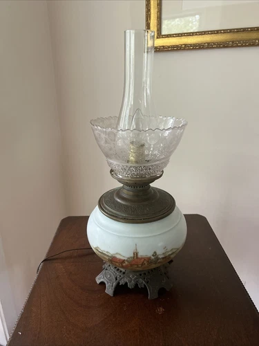 Antique Hand Painted Electrified Hurricane Lamp