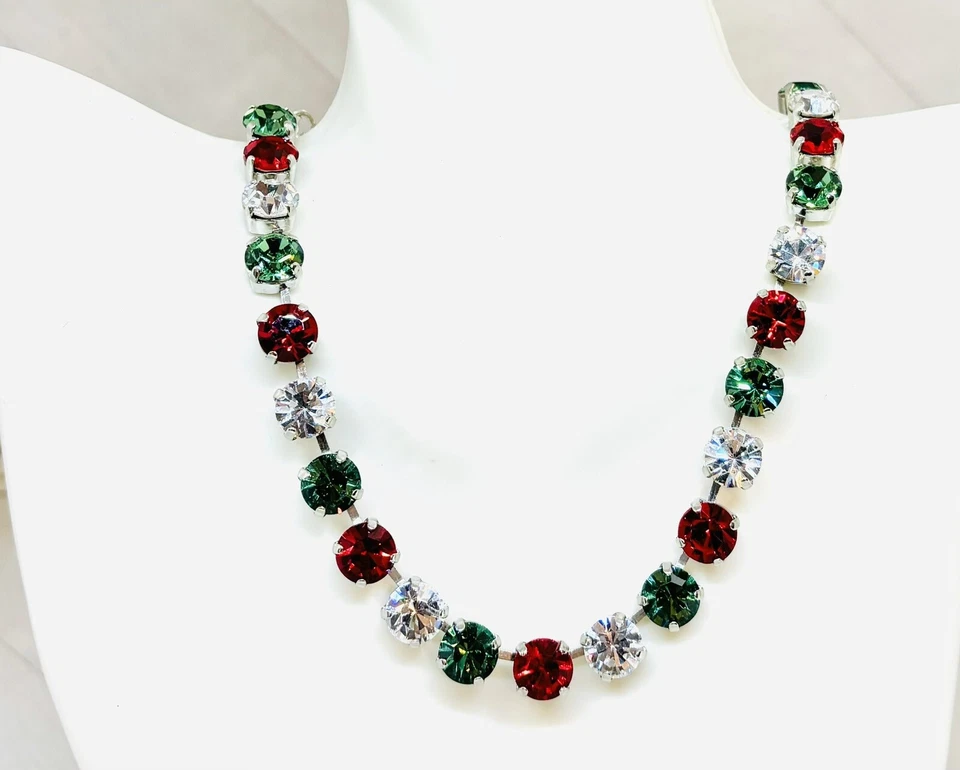 Collar Tenis Cadena Copa NAVIDAD Rojo y Verde Chapado en Plata Rodio Foto 3 de 4