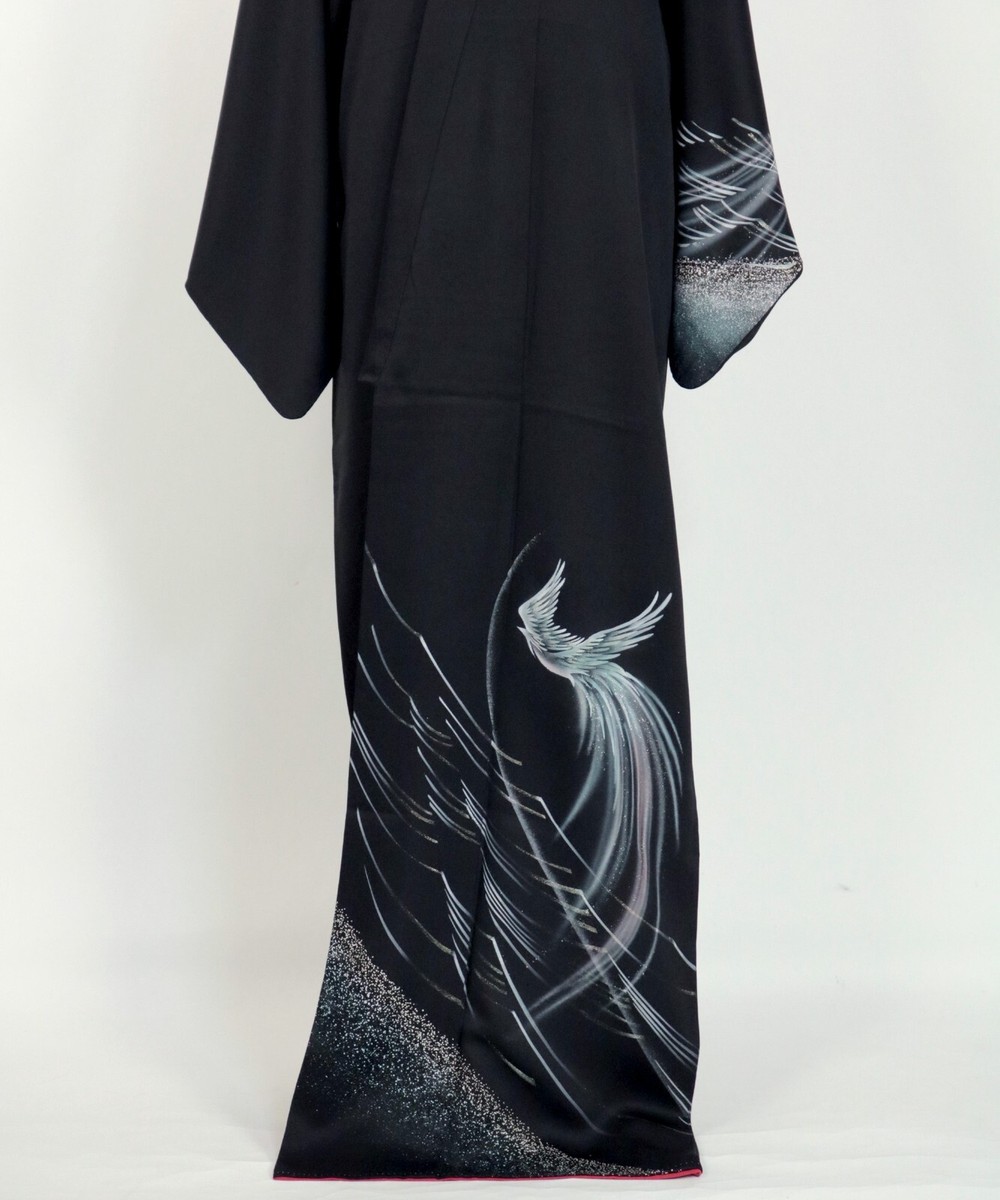 Kimono / Japanese Black Silk Hōmongi with Phoenix and Gold Accent