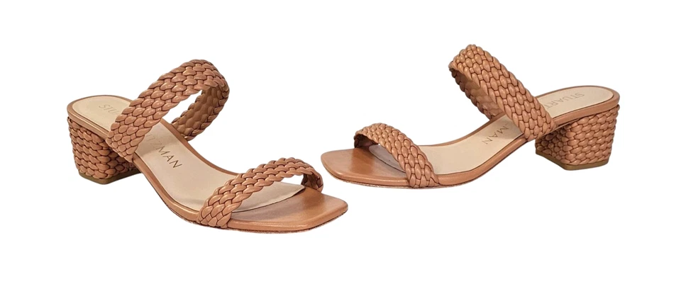 STUART WEITZMAN Tan Aleena Waikiki 50 Woven Leather Block Slide 8.5 $495 - Image 2 of 4