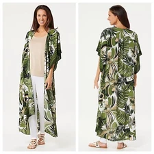 NWT Attitudes by Renee Petite Border Print Duster Size XXS Green Tropical NEW