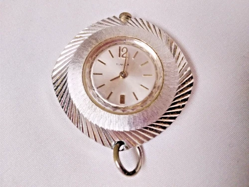 Vintage Timex Womens Disk Silver Tone Pendant Wind Up Mechanical Watch