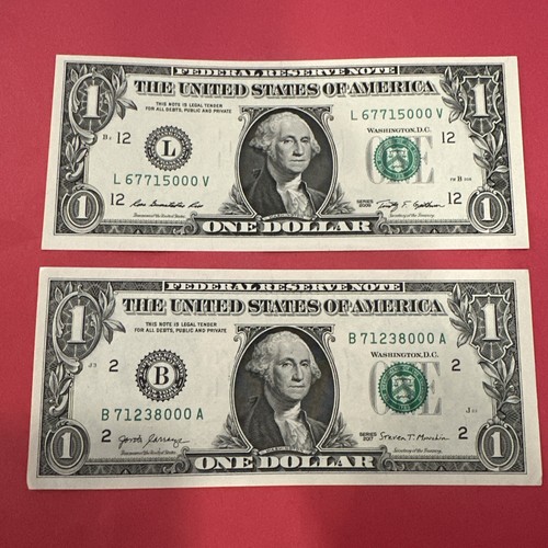 Lot Of 2 - 2009 & 2017 $1 dollar bill serial number 000 UNC - Picture 1 of 4