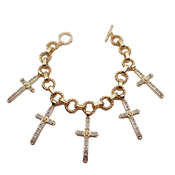 Alternate view of Crucifix Charm Cubic Pave Gold Plated Chain Bracelet Religion Jewelry